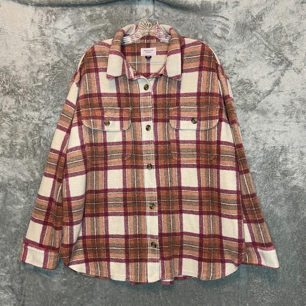 American Eagle Women Soft Cozy Oversized Plaid Fleece & Love Button Shacket XL